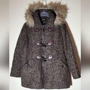 Brown Toggle And Zipper Winter Coat with Removable Faux Fur Hood